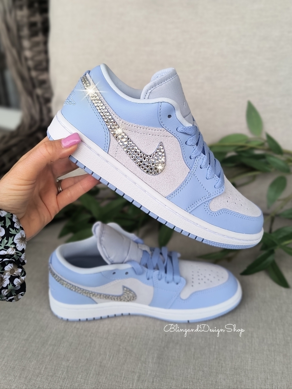 Bling Nike Air Jordan 1 Low Blue White Women's Sneakers Customized With Crystals